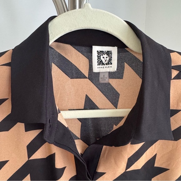 NWOT Anne Klein Houndstooth Black Brown Printed Drawstring Shirt Dress Size 6 - Picture 6 of 10